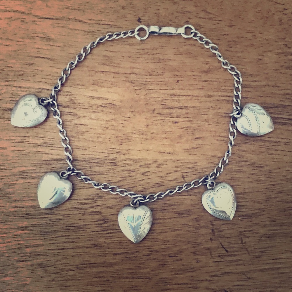 Vintage Sterling heart charm bracelet circa 1930's
